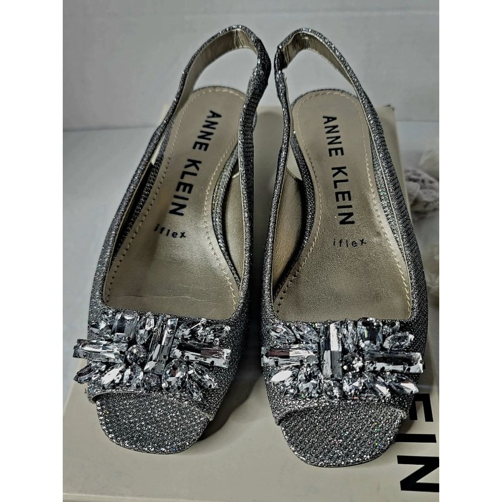 Anne Klein Women's Size 6 Metallic Silver Helissa Embellished Slingback Sandals